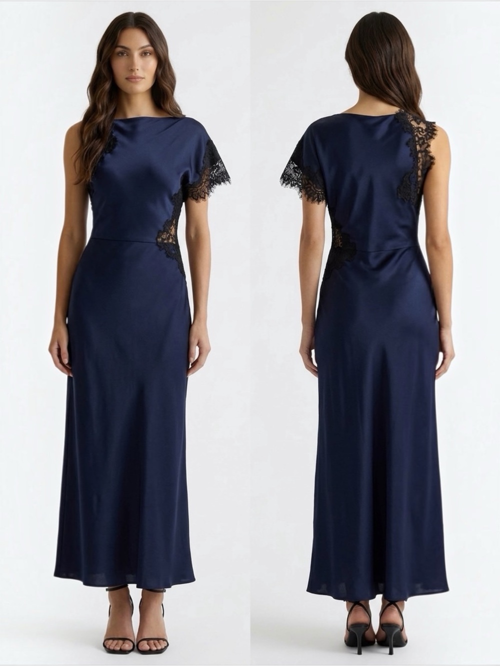 ELODIE THE LABEL Maris Women’s Navy Black Satin Lace A-Line Slip Maxi Dress NEW